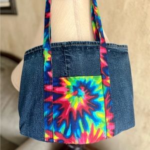 C Upcycled Denim and fabric tote bag handmade tie dye rainbow swirl print tote